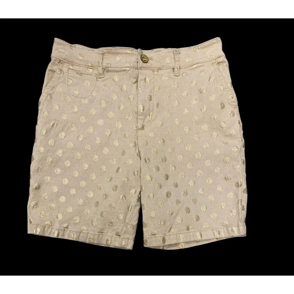 ANTHROPOLOGIE Linen Blend Gold Polka Dot Tailored Women's Trouser Shorts Sz 26
